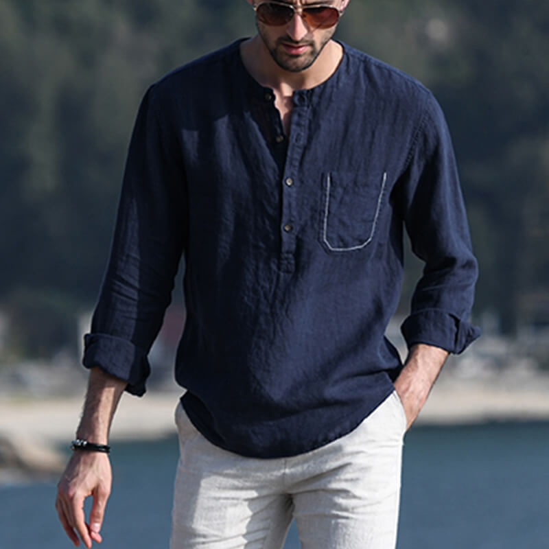Men&#39;s summer vintage solid color round neck long sleeve long sleeve breathable linen shirt