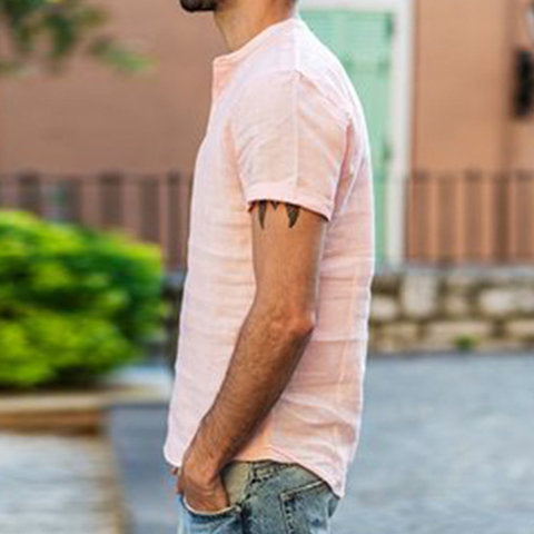 Herren-Kragen Baumwoll Leinen Kurzarm Shirt