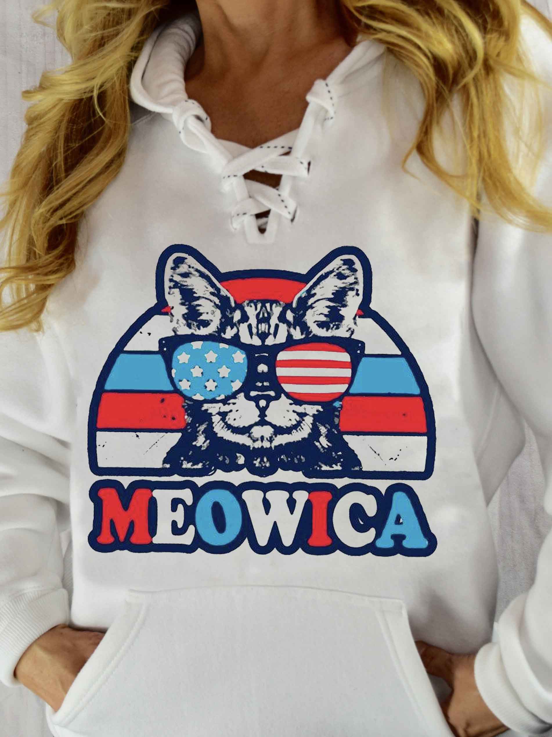 Independence Day Meowica Print Spitzen Hoodie