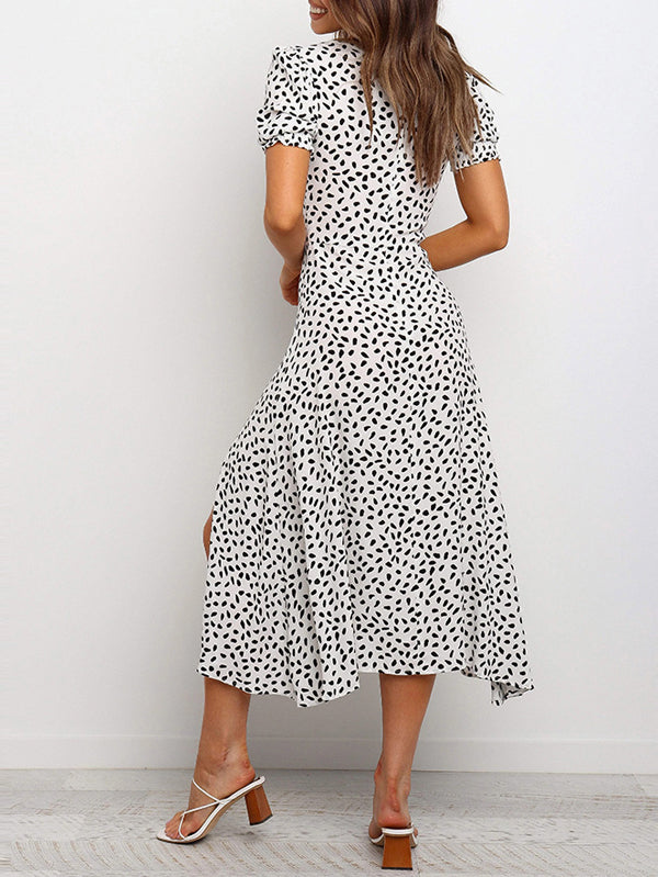 Quadratischer Hals Polka Dot Split Midi Kleid