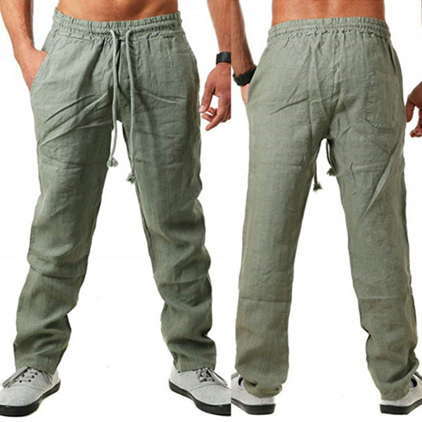Negabaritinės medvilninės ir lininės kelnės vyrams su laisva virve