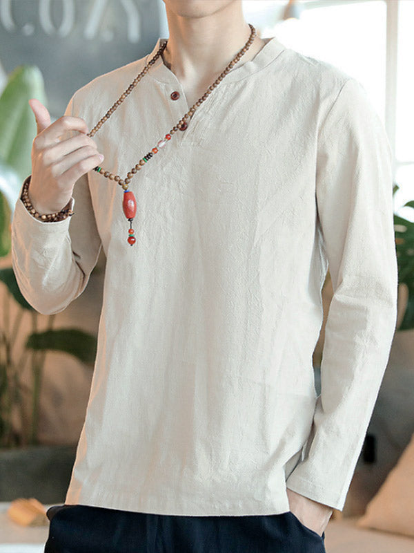 Vyriški vintažiniai medvilniniai lininiai marškinėliai ilgomis rankovėmis