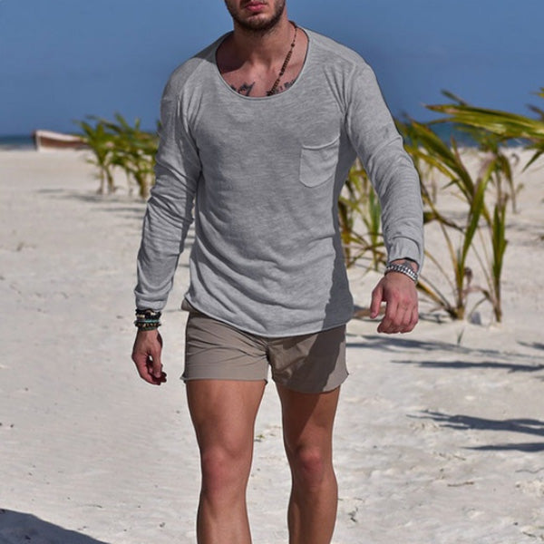 Vienos spalvos marškinėliai apvaliomis kaklomis ilgomis rankovėmis vyrams