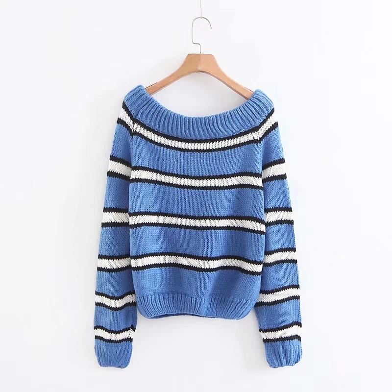 Suéter vintage de mohair a rayas con cuello oblicuo y manga farol