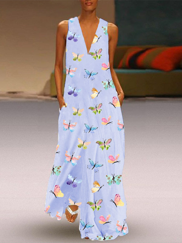 Para las mujeres, un vestido profundo con cuello y estampado de mariposa