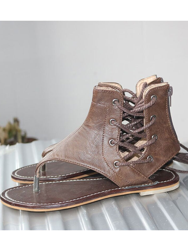 Damen Retro Mode Flat Zip Schnürsandalen