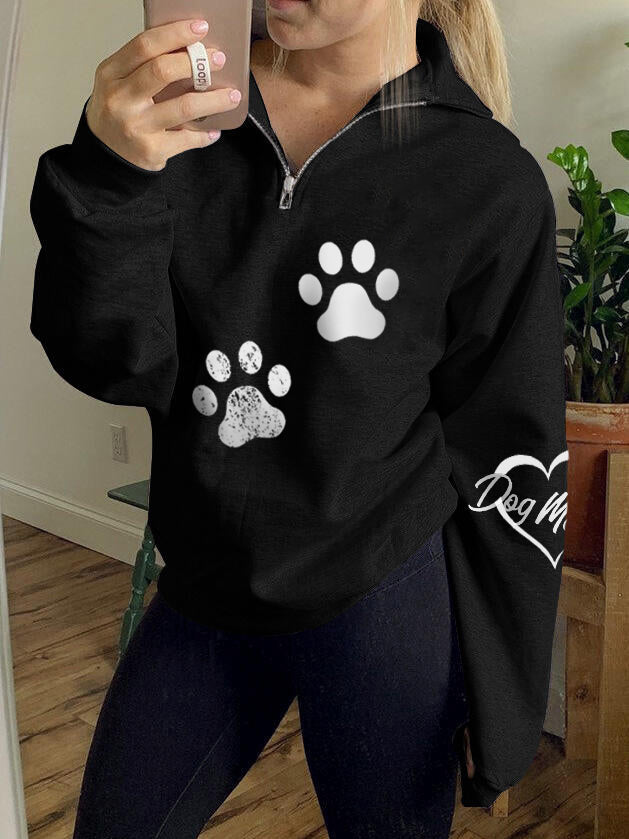 Frauen Liebe Hund Mutter Pfote Print Zip Top