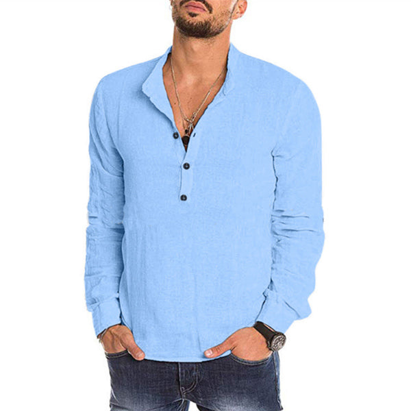 Plain long-sleeved t-shirt with a stand-up collar made of washed cotton and linen for men