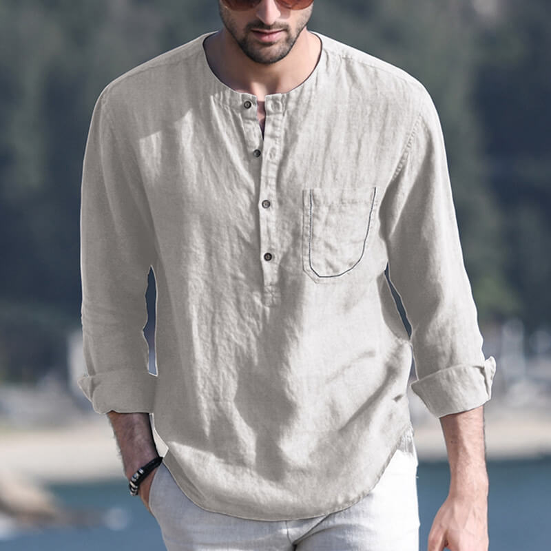 Men&#39;s summer vintage solid color round neck long sleeve long sleeve breathable linen shirt