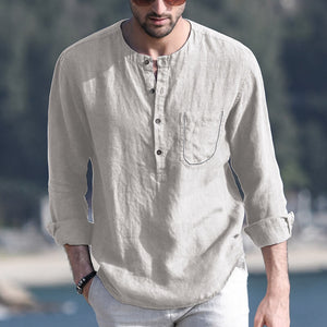 Men&#39;s summer vintage solid color round neck long sleeve long sleeve breathable linen shirt