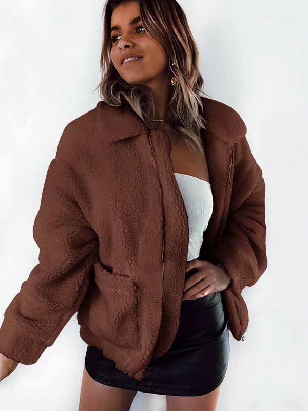 Bolsillo de otoño invierno con cremallera de manga larga chaqueta de felpa