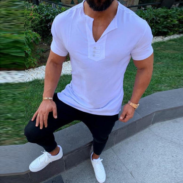 Camisa de hombre y camisa de algodón y lino con cuello de pico.