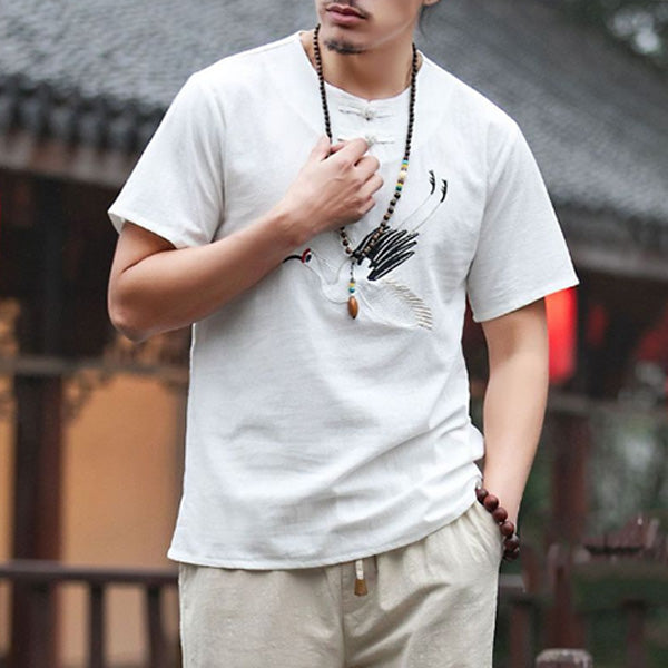 Camiseta de manga corta y lino con bordado de grulla para hombre