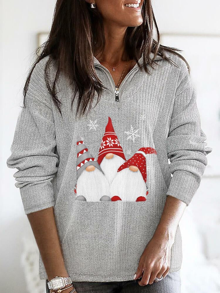 Scandinavian ladies Christmas Gnome zipper casual shirt