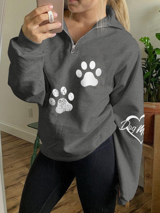 Frauen Liebe Hund Mutter Pfote Print Zip Top