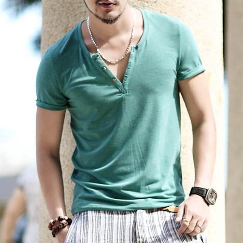 Men&#39;s Summer Cool Comfy Henley Collar Slim Short Sleeve Cotton T-Shirts