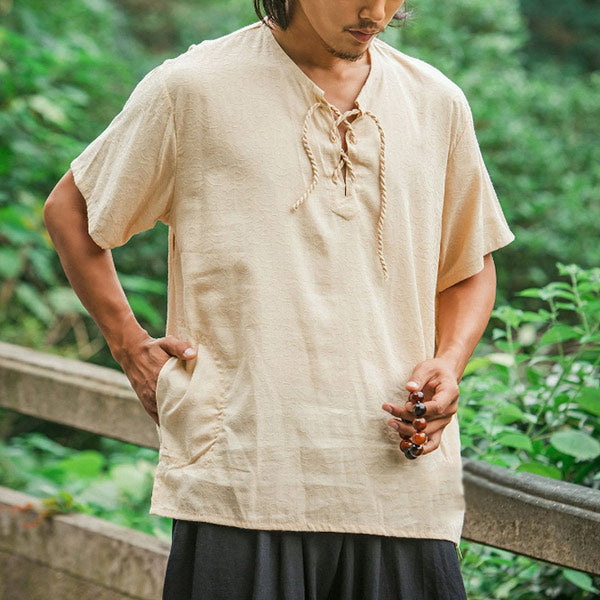 Camiseta retro de algodón y lino estampada para hombre con manga corta