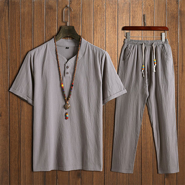 Conjunto de camisa de manga corta de lino estilo chino para hombre