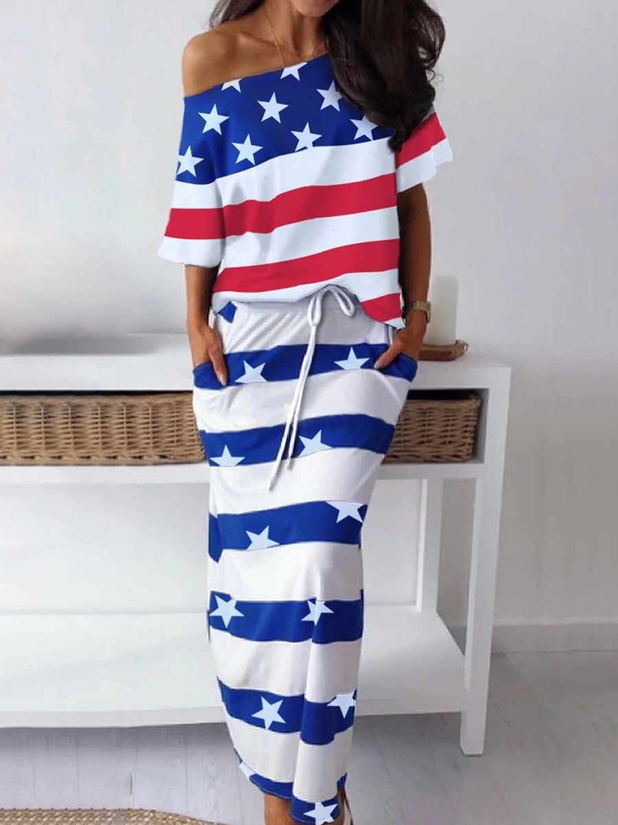 Blusa con bandera americana y falda larga a rayas