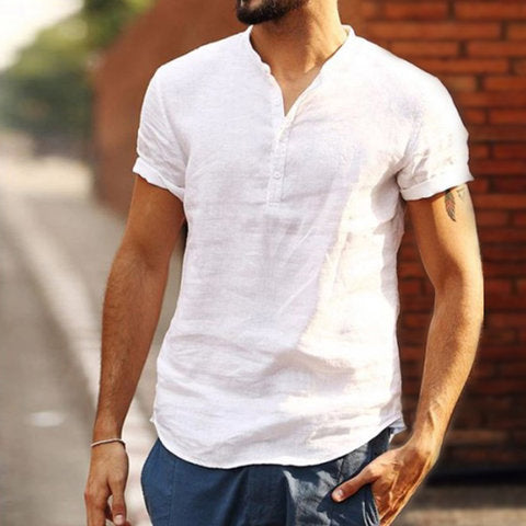 Herren-Kragen Baumwoll Leinen Kurzarm Shirt