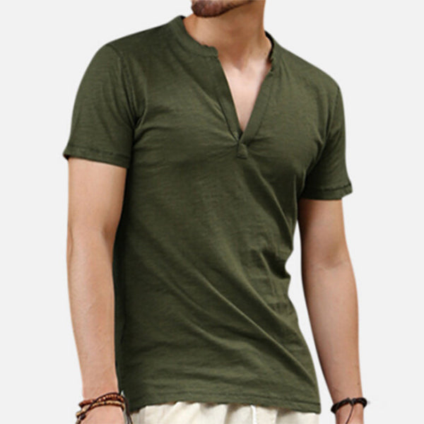 Bequemes T-Shirt aus Baumwolle und Leinen mit V-Ausschnitt für Herren