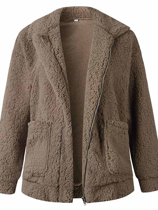 Bolsillo de otoño invierno con cremallera de manga larga chaqueta de felpa
