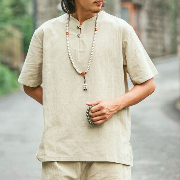 Solid color t-shirt with solid color button in cotton and linen for men