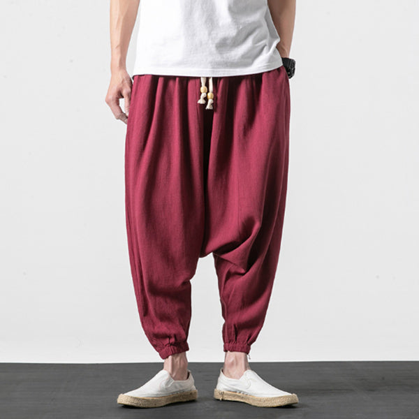 Pantalones de hombre de algodón y lino con pierna ancha.