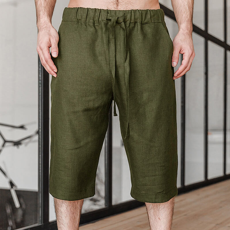 Clásico ligero Cordón sencillo y suelto para hombre Negro Cómodo pantalón de lino natural Pantalón corto