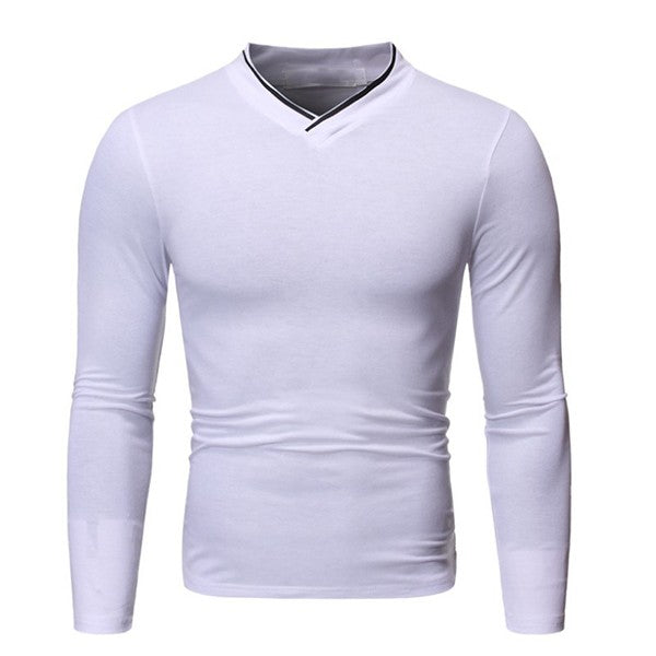 Camisa casual de color liso con manga larga y cuello en V para hombres.