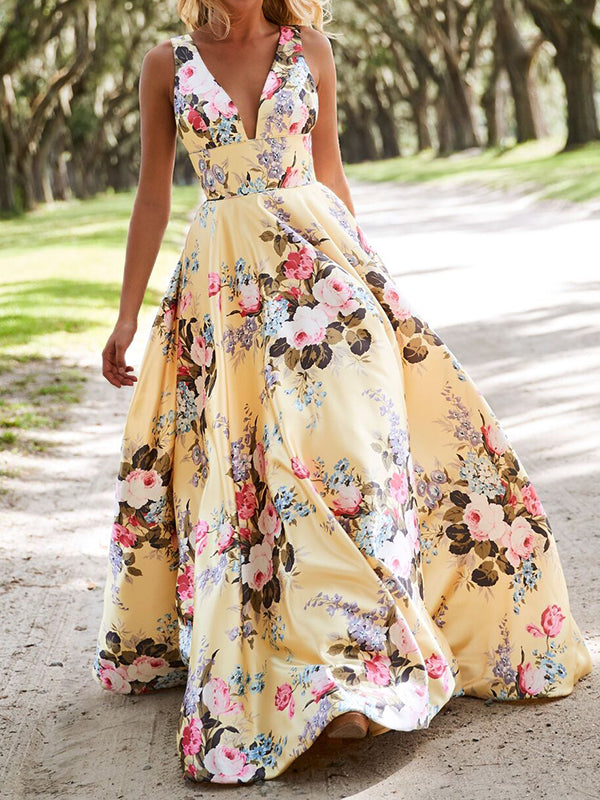 Blumendruck Stechender Hals Prom Maxi Kleid Abendparty Vestido