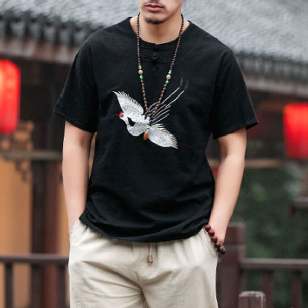 Camiseta de manga corta y lino con bordado de grulla para hombre