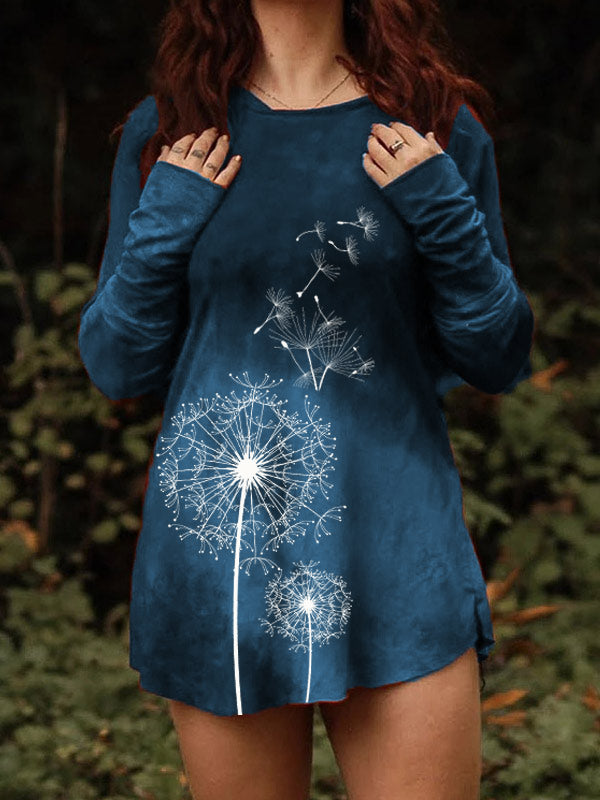 Damen Vintage gebeizt Löwenzahn Print Langarm Top