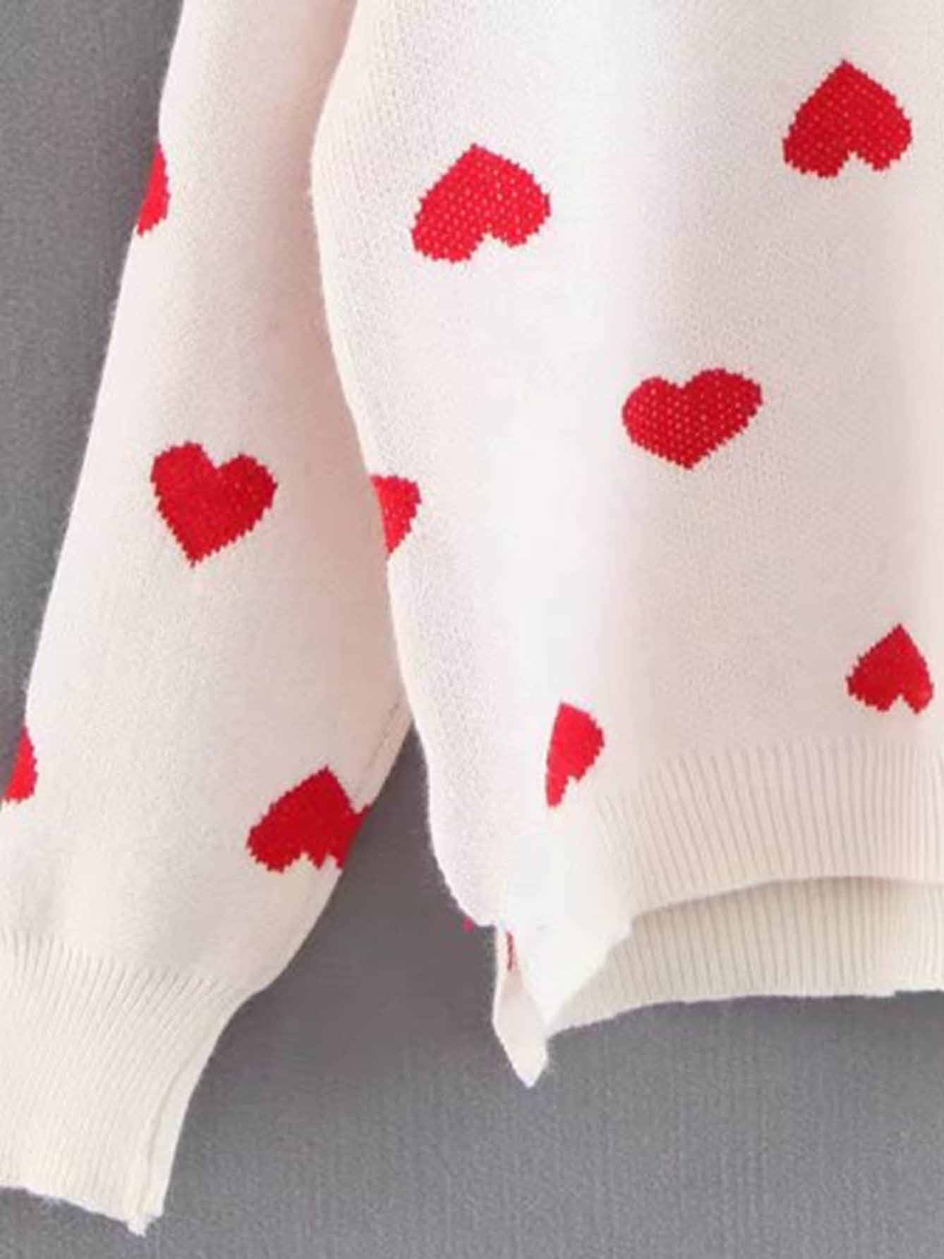Drop Shoulder Heart Pattern Pullover mit Strickpullover