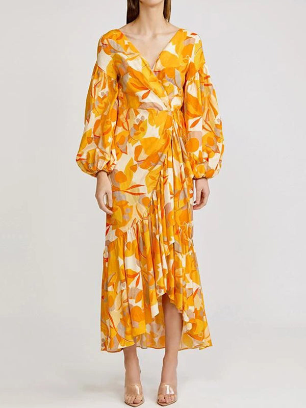 Boho Ballonärmel Asymmetrische Saum Abendparty Maxikleid