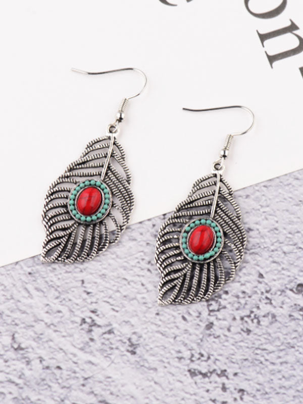 Pendientes turquesa de plumas de hoja hueca para mujer