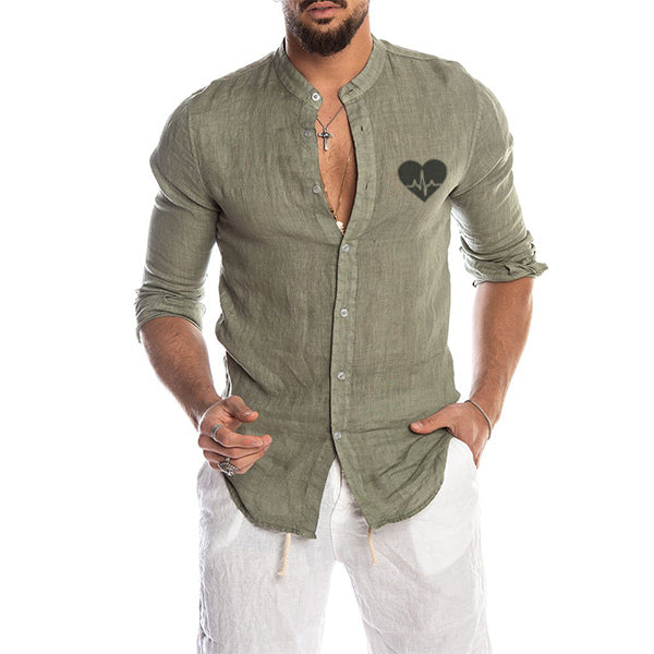 Herrenmode Love Print Langarmhemd aus Baumwolle und Leinen