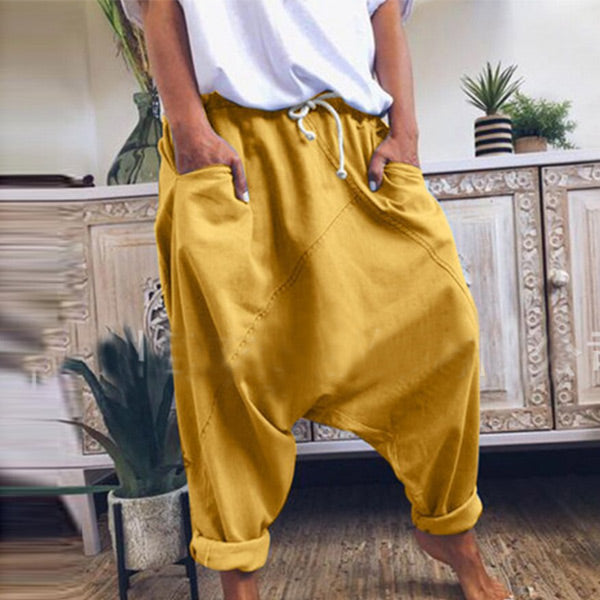 Color natural, pantalones harem de algodón lavados al azar para hombres