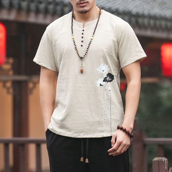 Camiseta de manga corta para hombre con estampado de loto en algodón y lino.