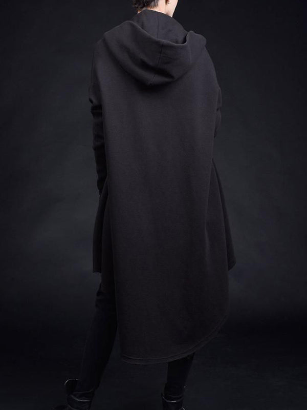 Abrigo suelto irregular negro para mujer con cremallera y capucha