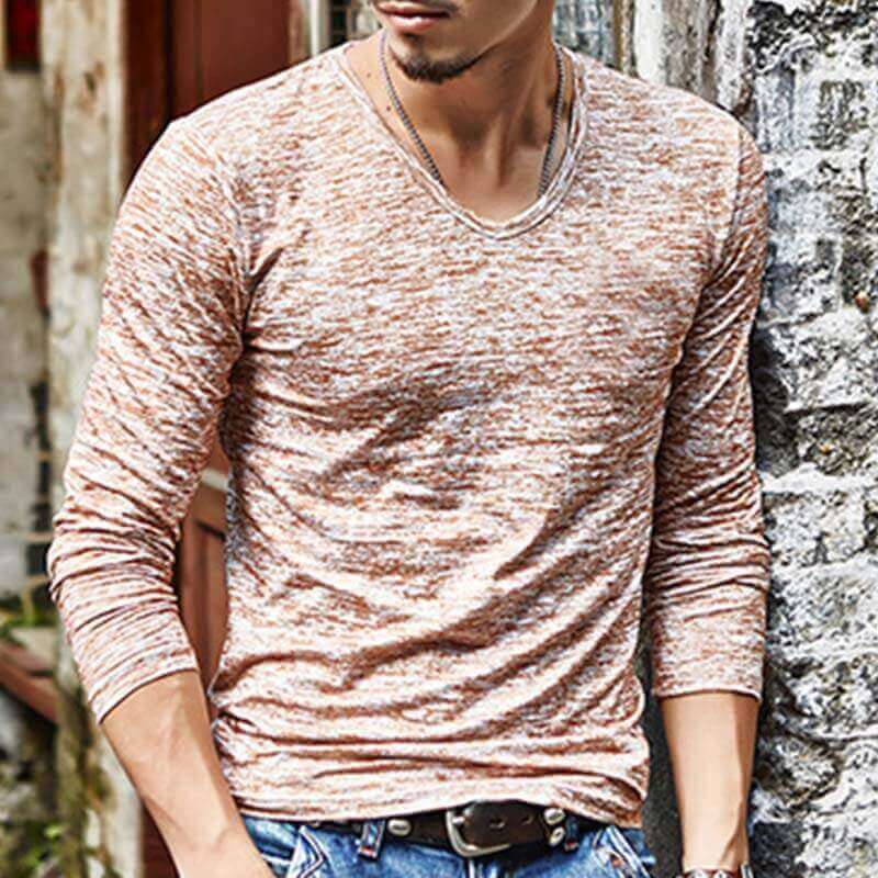 Vyriški marškiniai marškinėliais iš paprastų v formos kaklo ilgomis rankovėmis