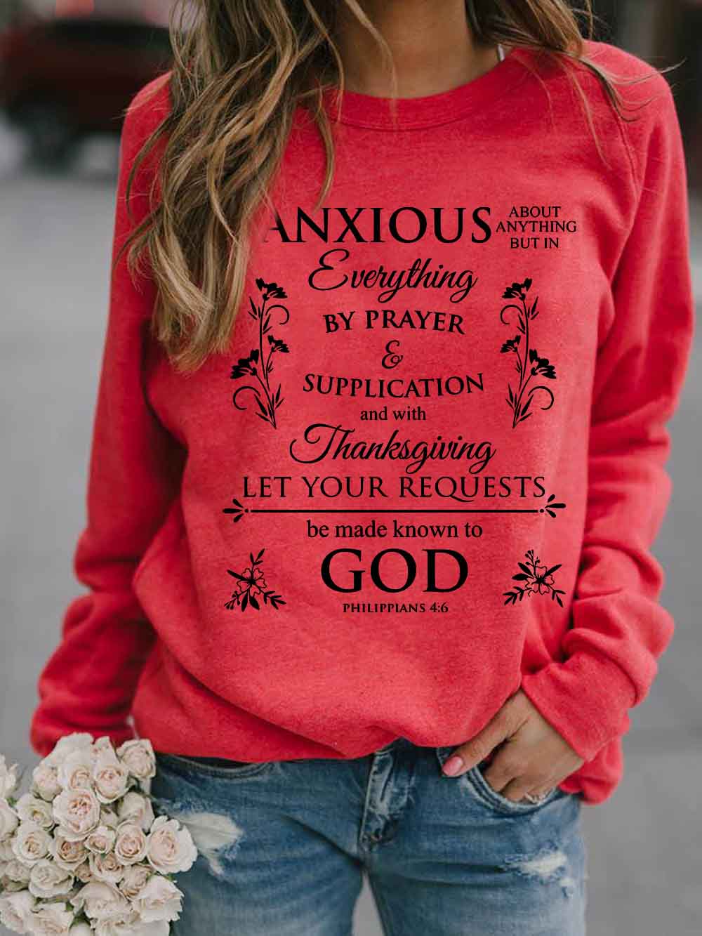 Las mujeres solo están preocupadas por la oración y el Día de Acción de Gracias. Deje que sus peticiones sean conocidas por Dios. Suéter filipenses 4: 6