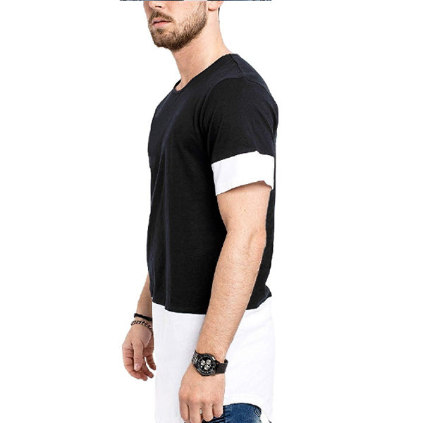 Camisa casual para hombre con manga corta y cuello redondo y colores contrastantes.