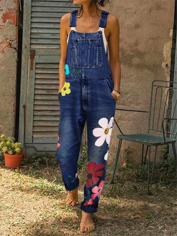 Damen Denim Blumendruck Jumpsuit