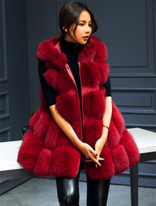 Solid Detachable Sleeve Hooded Fur Vest