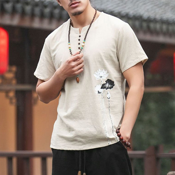 Camiseta de manga corta para hombre con estampado de loto en algodón y lino.