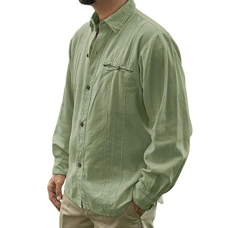 einfarbiges Langarm-Leinenhemd für Herren