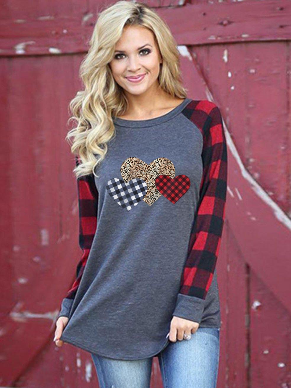 Frauen Plaid Leopard Heart Valentinstag T-Shirt