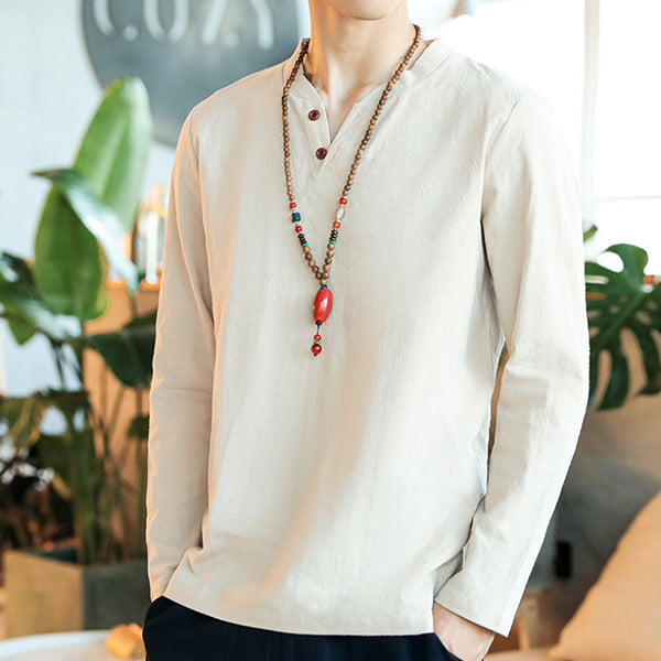 Vyriški vintažiniai medvilniniai lininiai marškinėliai ilgomis rankovėmis