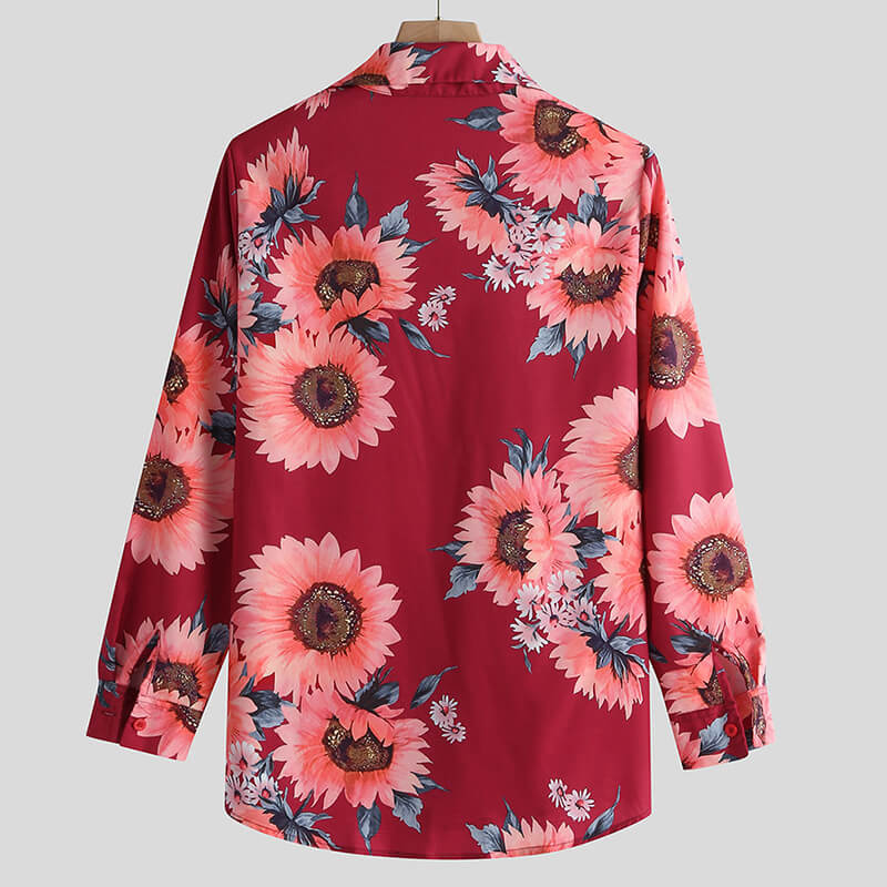 Men&#39;s fashion sunflowers Printed long-sleeved cotton blend shirts